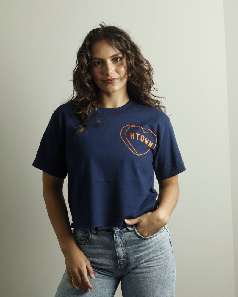 HTOWN Candy Heart Crop Tee (Navy/Orange)