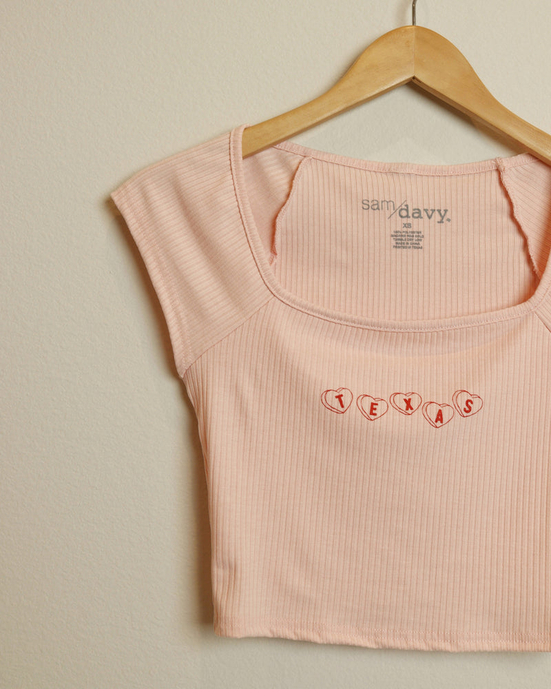 Texas Candy Heart Square Neck Crop Tee (Pink/Red)