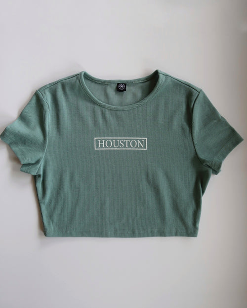 The Houston Stamp Ribbed Crop Shirt (Teal/White)