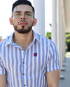 The H Short Sleeve Button-Up (Blue/White Stripes)